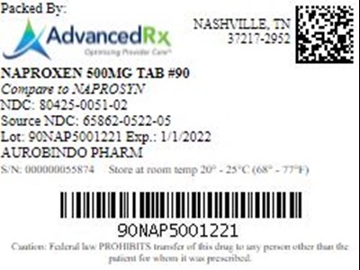 Naproxen 500mg Tab Qty 90 Ndc 80425 0051